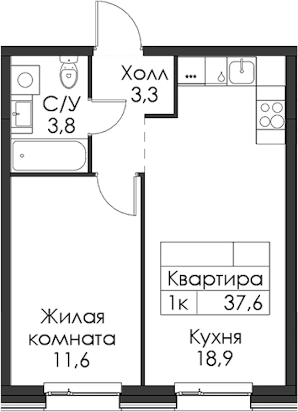 1-комнатная квартира 37.6 м², 2/8 эт., ЖК «Шкиперский 19»